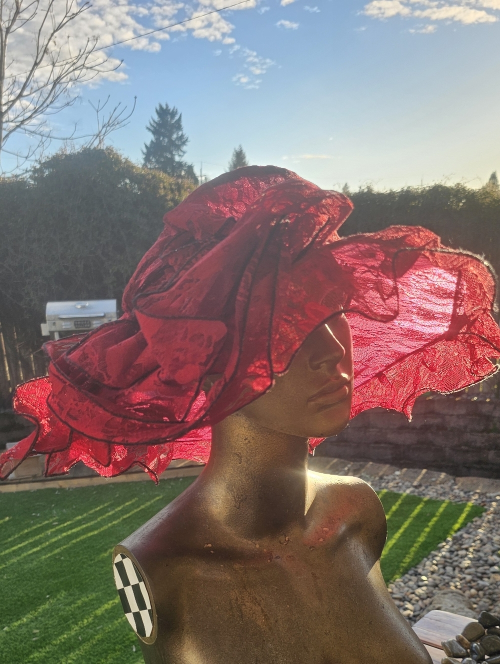 Large Red Ruffled HAT, Floral Accents, Bows